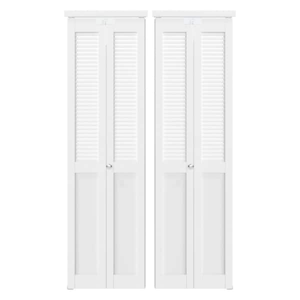 60 in. x 80 in. Half-Panel Louver Solid Core White PVC Covering MDF Wood Bi-fold Door with Locks, Handles