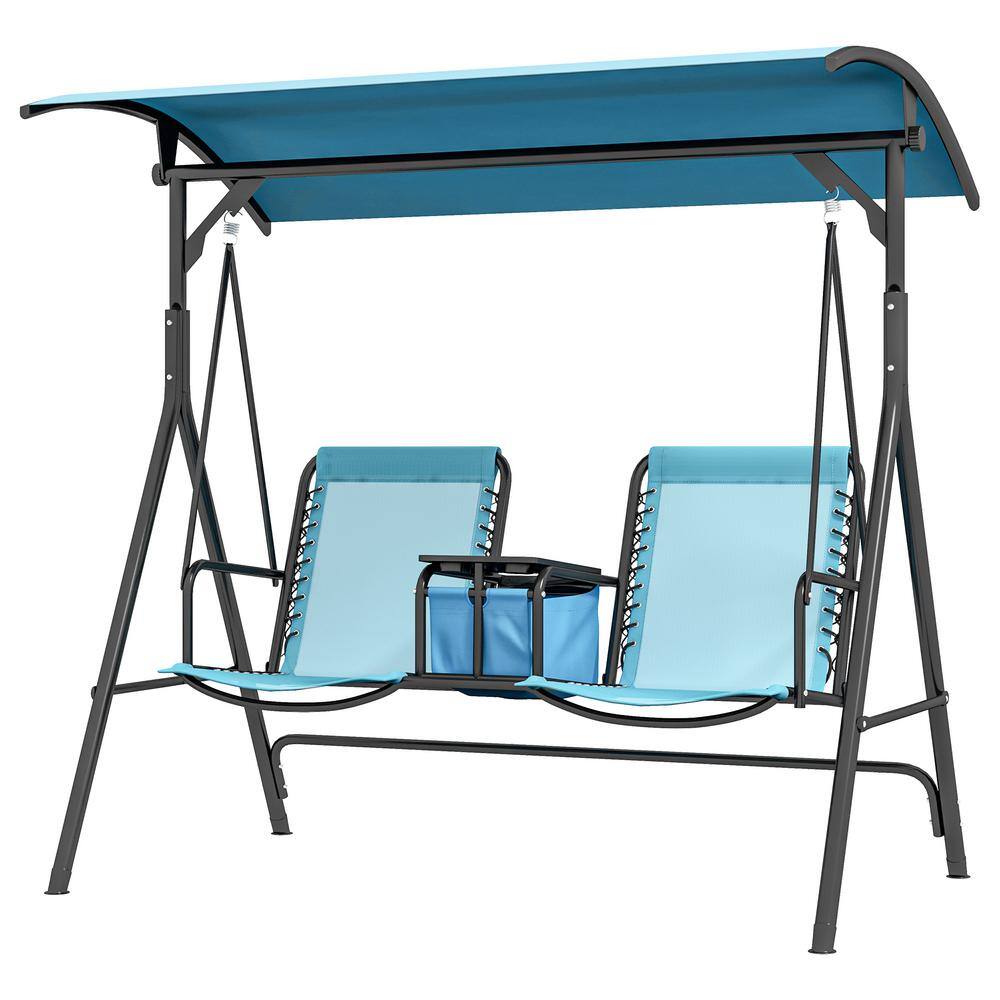 2-Person Blue Metal Patio Swing Chair, Outdoor Canopy Swing Glider with Sto