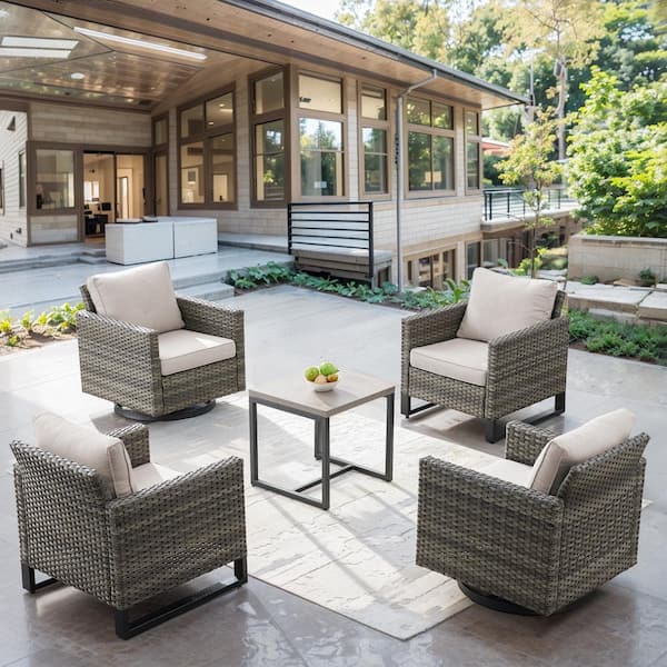 Pocassy Flat Armrest Series 5-Pieces Gray Wicker Outdoor Conversation Set with Coffee Table and Cushion Guard Beige Cushions