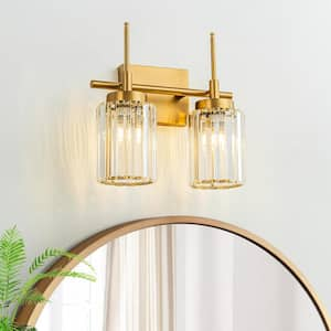 Orillia 12.2 in. 2-Light Modern Industrial Gold Bathroom Vanity Light with Crystal Cylinder Shades