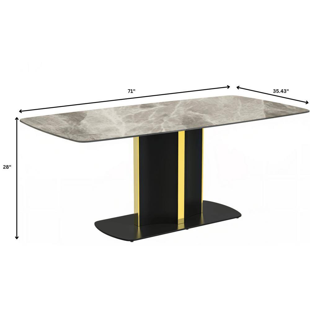 Sylva 71" Deep Grey Glass Dining Table with Black and Gold Pedestal Base