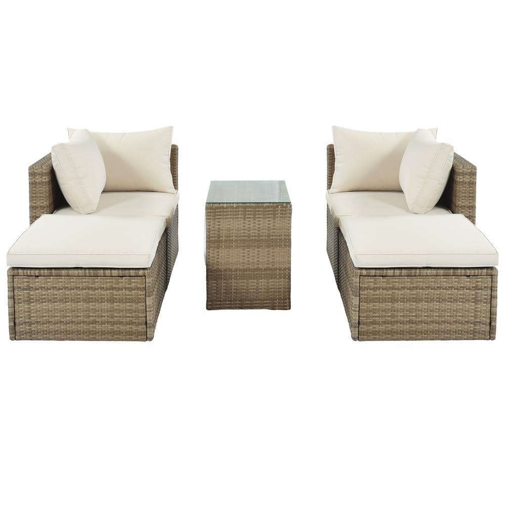 5-Piece Metal Wicker Rattan Outdoor Patio Sectional Sofa Set with Beige Cus