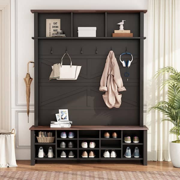 Wooden Black Entryway 4-in-1 Shoe Cabinet with Bench Adjustable Dividers, 16 Open Compartments and 6 Hooks