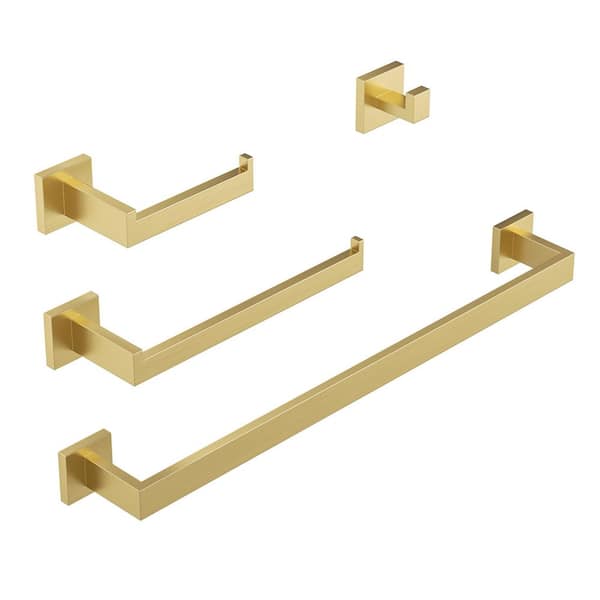 4-Piece Bath Hardware Set with Towel Bar Hand Towel Holder Toilet Paper Holder Towel Hook Modern Square in Brushed Gold