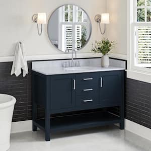 Bayhill 49 in. W x 22 in. D x 35.25 in. H Freestanding Bath Vanity in Midnight Blue with Carrara White Marble Top