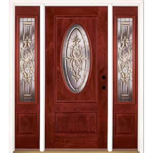 67.5 in.x81.625in.Silverdale Brass 3/4 Oval Lt Stained Cherry Mahogany Lt-Hd Fiberglass Prehung Front Door w/Sidelites