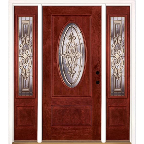 Feather River Doors 67.5 in.x81.625in.Silverdale Brass 3/4 Oval Lt Stained Cherry Mahogany Lt-Hd Fiberglass Prehung Front Door w/Sidelites