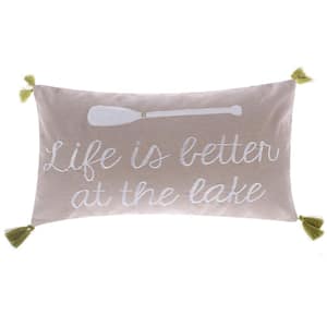 Beige, White Embroidered Life Is Better at The Lake, Oar Applique with Corner Tassels 12 in. x 24 in. Throw Pillow