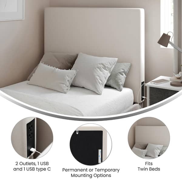 Hugo Twin Headboard with 2-Power Outlets, 1-USB and 1-USB Type-C Port with Faux Linen Upholstery in Beige