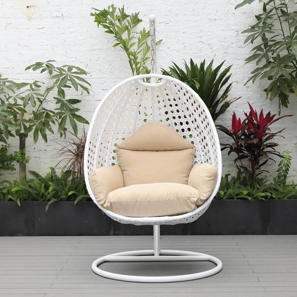 LeisureMod Wicker Hanging Egg Swing Chair with Soft Beige Cushions