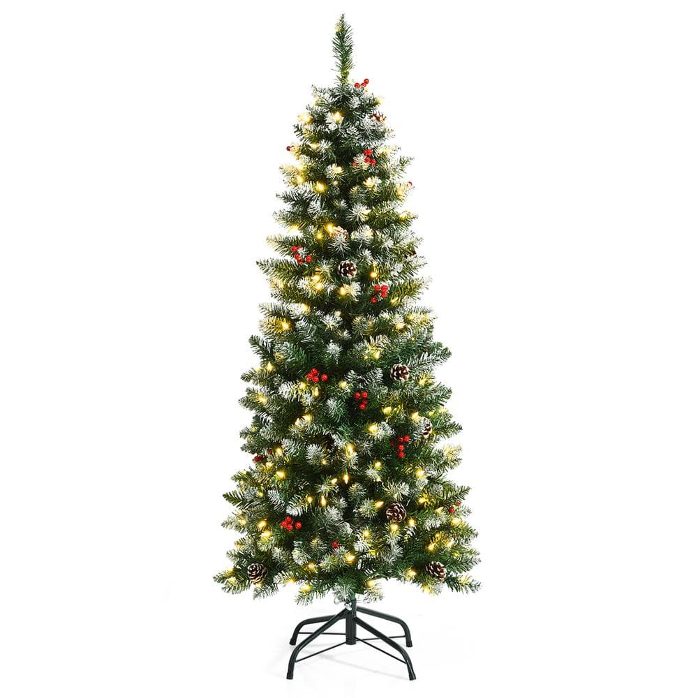 Costway 5 ft. Pre-Lit Hinged Pencil Artificial Christmas Tree Decorated Snow Flocked Tips