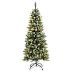 5 ft. Pre-Lit Hinged Pencil Artificial Christmas Tree Decorated Snow Flocked Tips
