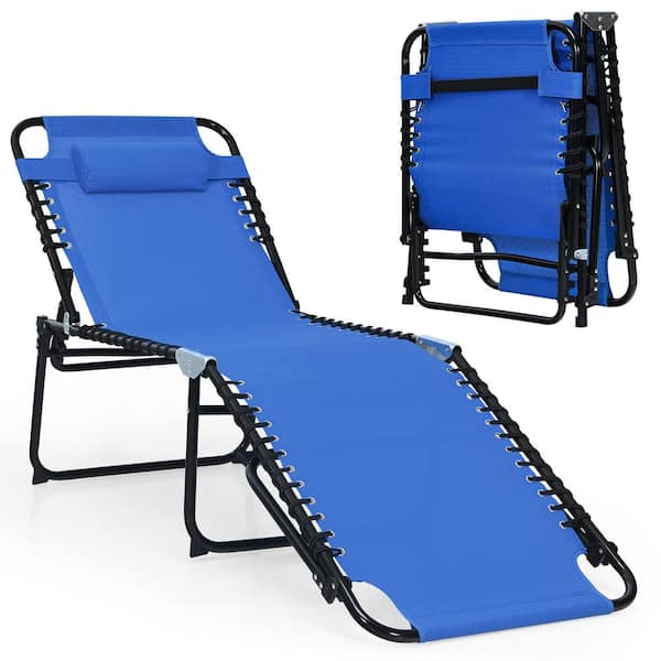 Costway Folding Metal Outdoor Lounge Chair 16 in. H Recline Chair with Adjustable Backrest and Footrest Navy