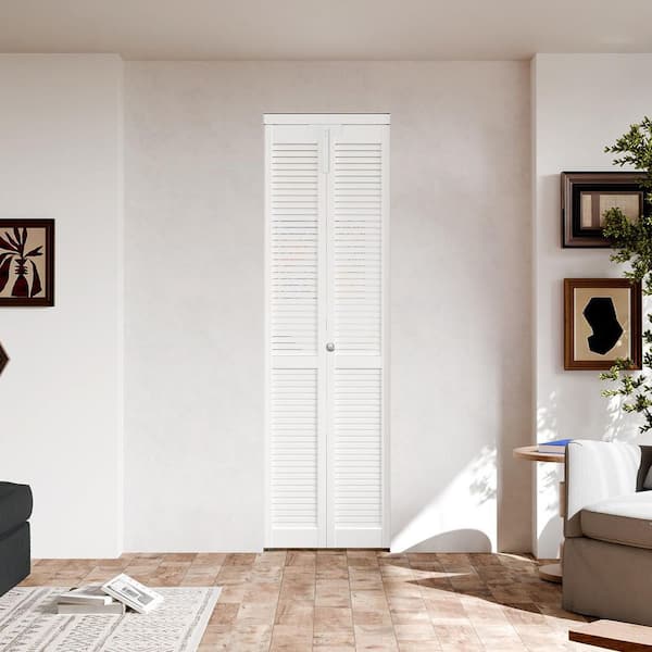 24 in. x 80 in. Full-Panel Louver Solid Core White PVC Covering MDF Wood Bi-fold Door with Locks, Handles and Hardwares