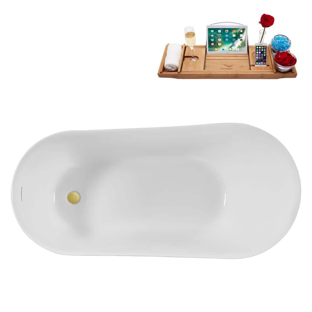 59" Glossy White Acrylic Freestanding Soaking Bathtub with Polished Gold Trim