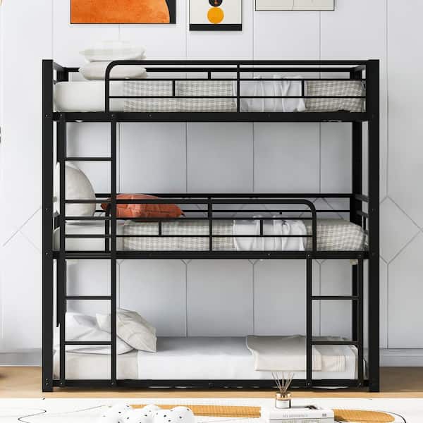 Black Twin Size Metal Triple Bunk Bed with 2-Ladders