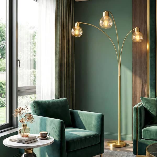 73 in. Gold Industrial 3-Light LED Arc Tree Floor Lamp with Adjustable Swing Arm, Amber Glass Shade Standing Lamp