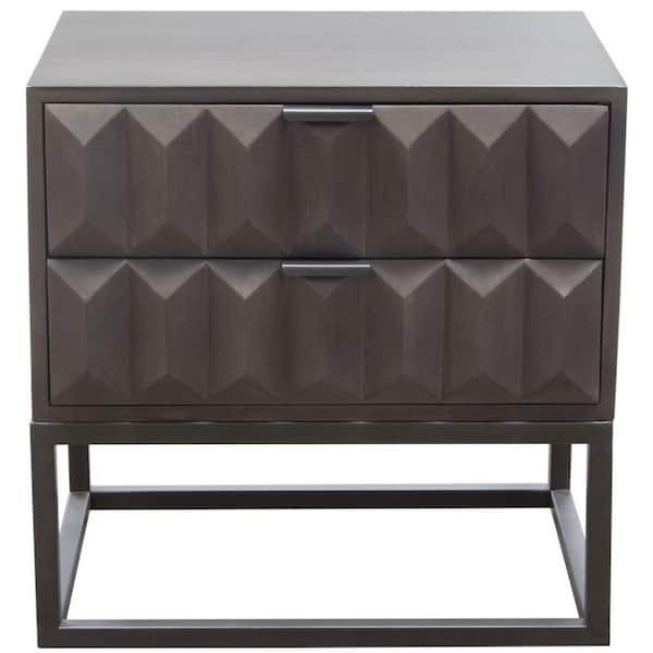 Benjara 18 in. Gray Rectangle Wood End Table with 2-Drawer and Embossed Geometric Patterns