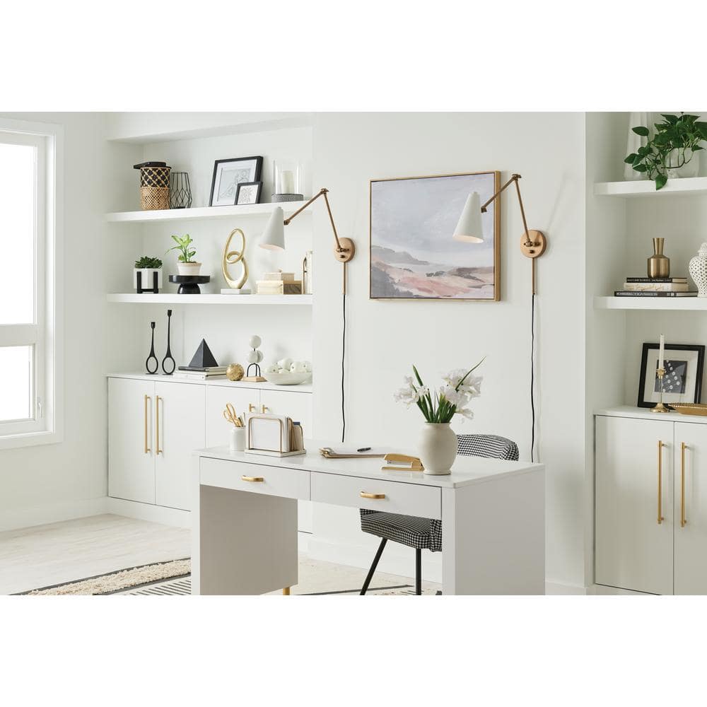 Sylvia 32.5 in. 1-Light White and Natural Brass Office Indoor Wall Sconce Light price history on PriceWatchPro