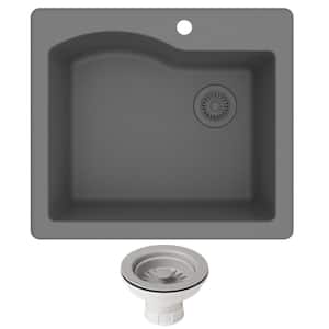 Quarza 25 in. Granite Undermount/Drop-In Single Bowl Kitchen Sink and Strainer Grey
