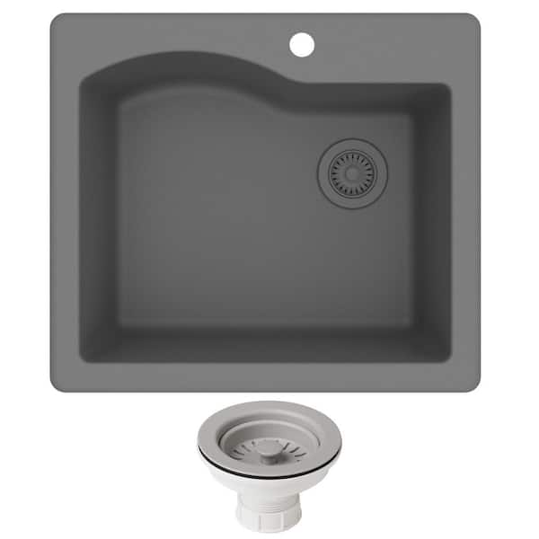 KRAUS Quarza 25 in. Granite Undermount/Drop-In Single Bowl Kitchen Sink and Strainer Grey