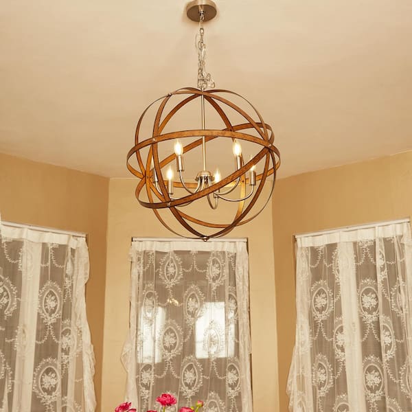 6-Light Barnwood and Brushed Nickle Candlestick Pendant Lighting