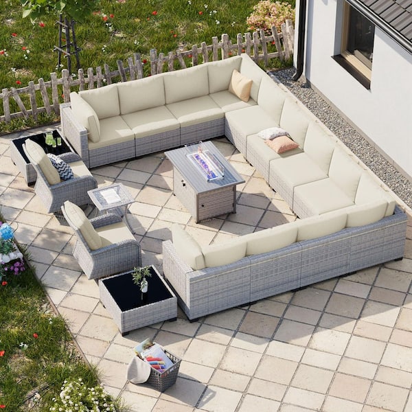 10+ Piece Wicker Patio Conversation Set with Fire Pit Table and Top Table. Swivel Rocking Chairs with Ivory Cushions