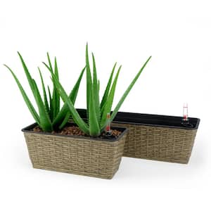 Brown Hand Woven Wicker and Plastic Smart Self-Watering Rectangle Planter for Indoor and Outdoor (2-Pack)