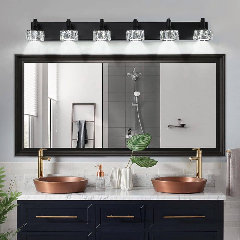 Modern 44 in. 6-Light Matte Black LED Vanity Light Bar with Crystal Glass Shades, Bathroom Wall Sconce price history on PriceWatchPro