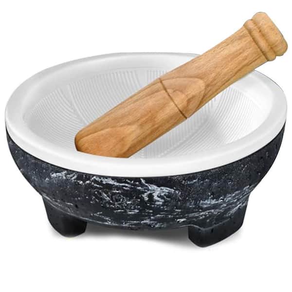 Lightweight Ceramic Mortar and Pestle Set Marble Finish with Grinding Ridge for Spices Guacamole Easy Clean