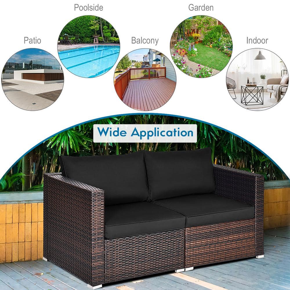 Black Wicker and Metal Two-Seater Outdoor Sectional Sofa