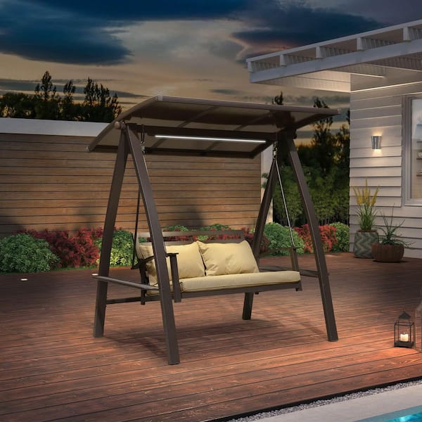 2-Seat Porch Swing with Adjustable PVC Canopy Swing Bed with Metal and Side Cup Holder, Cushion and Pillows Included