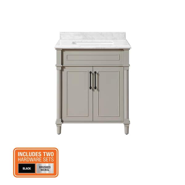 Aberdeen 30 in. Single Sink Greige Bath Vanity with Carrara Marble Top (Assembled)
