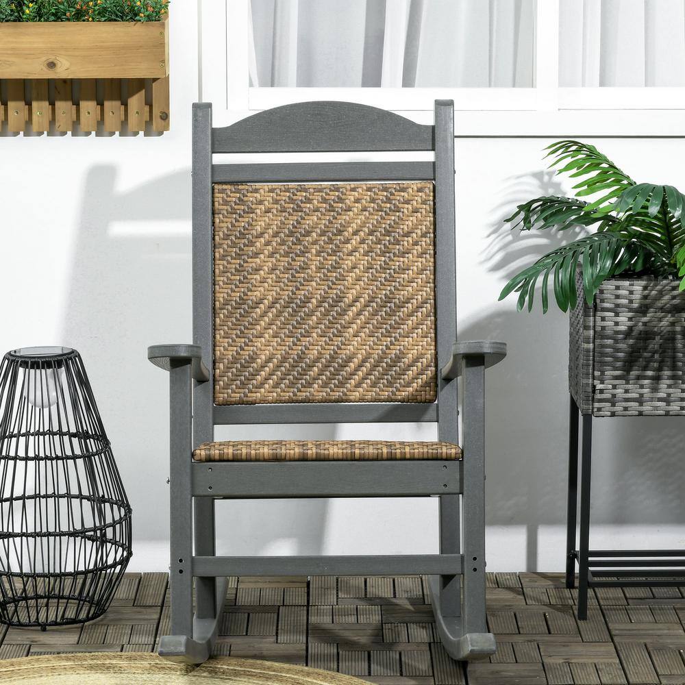 Traditional Dark Gray Wicker Porch Rocking Chair with Padded Seat
