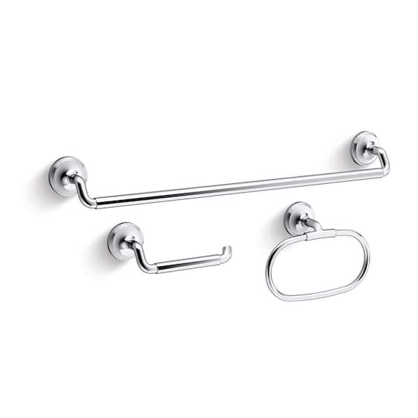 KOHLER Paces 3-Piece Bath Hardware Set with Towel Bar, Toilet Paper Holder and Hand Towel Holder in Polished Chrome