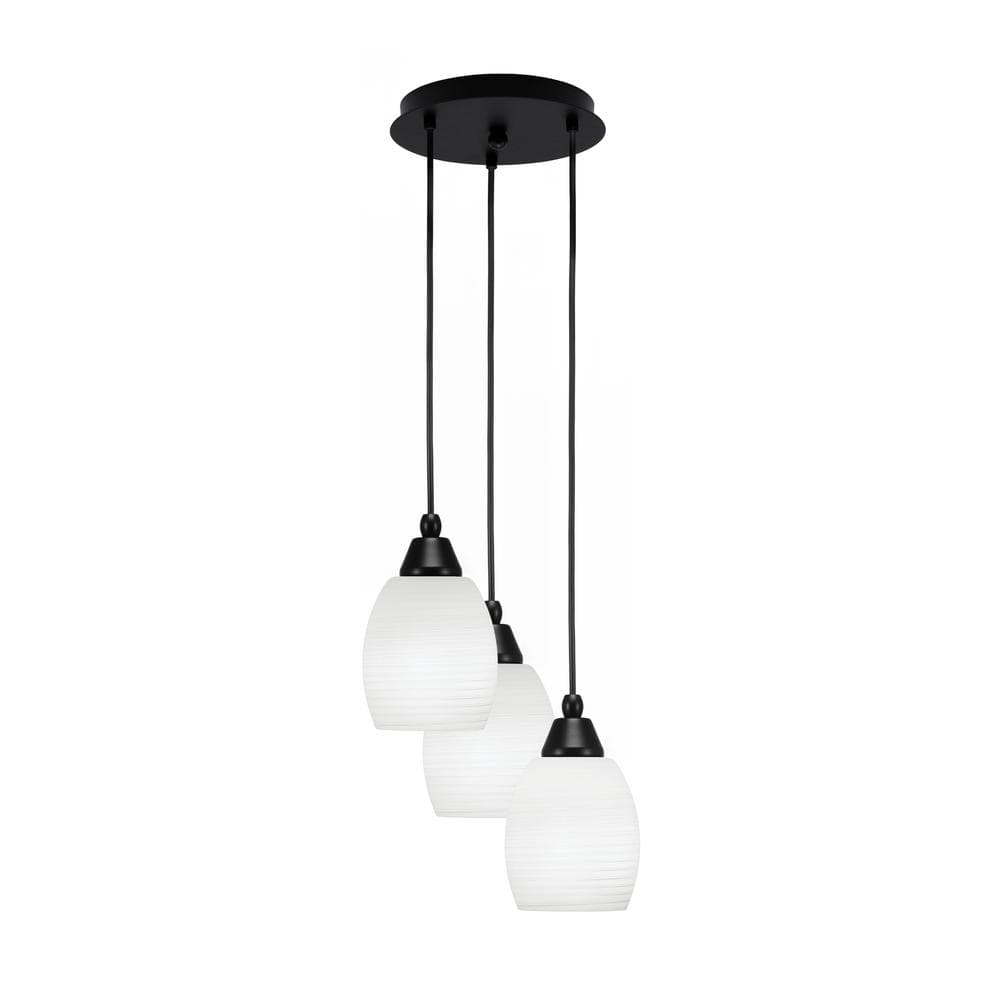 Savannah 9.5 in. 3-Light Matte Black Cord Pendant Light White Linen Glass S