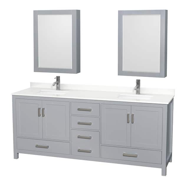 Wyndham Collection Sheffield 80 in. W x 22 in. D x 35 in. H Double Bath Vanity in Gray with White Quartz Top and Mirror