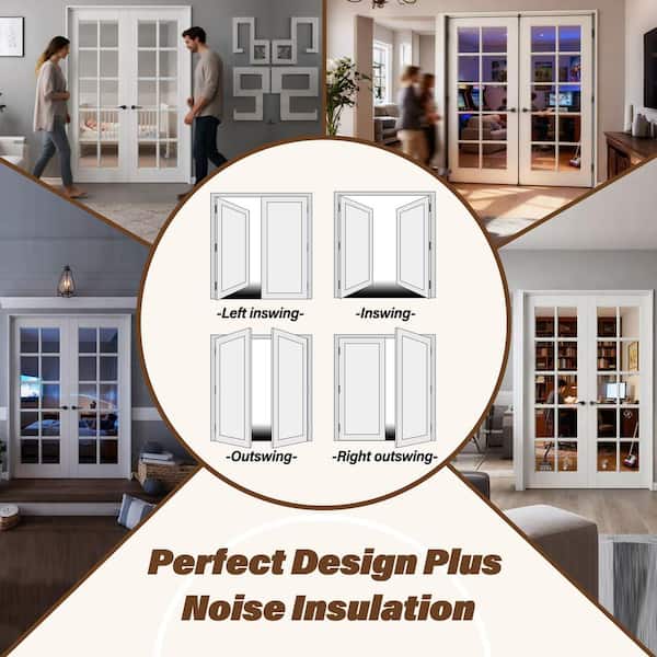 36 in. x 80 in. 3-Lite Frosted Glass Universal White Solid Core Wood Double Prehung French Door+ Quick Assemble Jamb