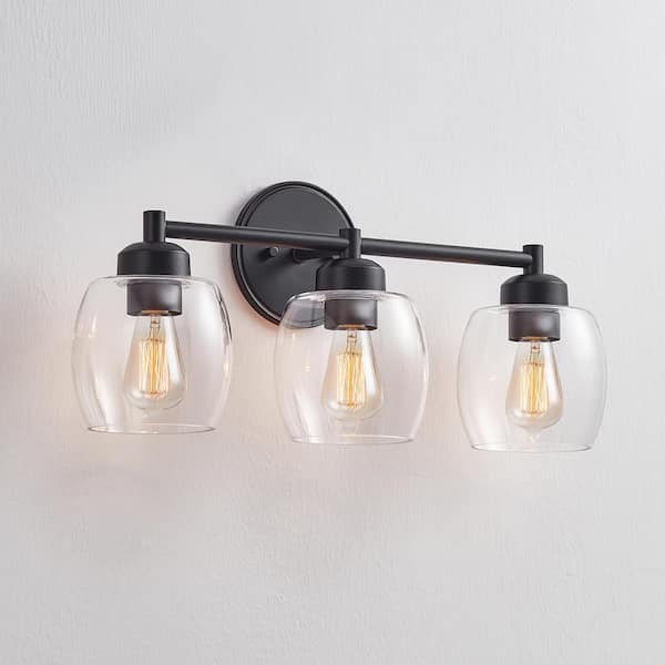 22.2 in. 3-Light Black Bathroom Vanity Light with Clear Glass Shades