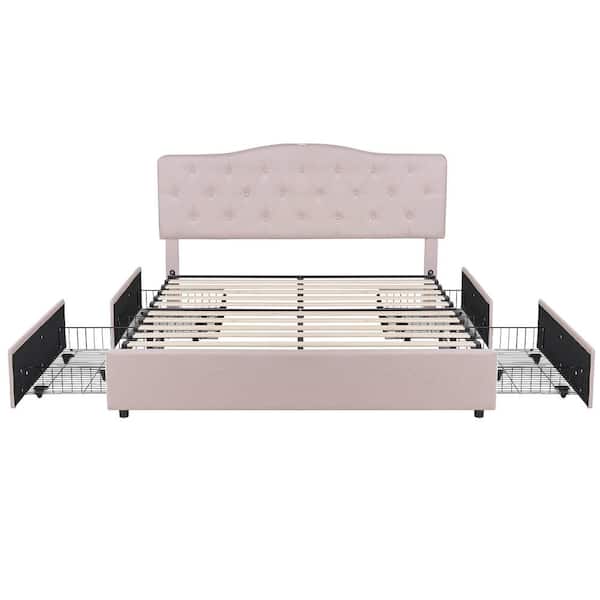 Storage Upholstered Bed Tufted Linen Headboard, USB Charging Platform Bed, 4 Under-Bed Drawers Beige Full Bed Frame