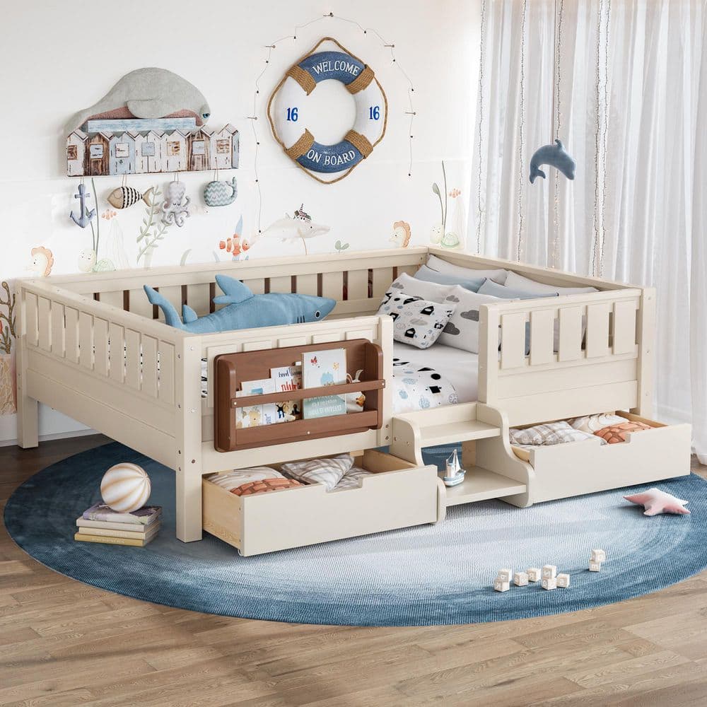 Beige Full Platform Bed with Safety Staircase and Rails, Built-in Bookshelves and 2 Drawers