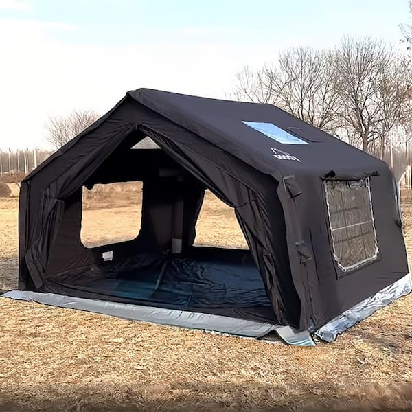 11 ft. x 12 ft. Inflatable Tent Glamping Tents for 6 Person EasySetup 4 Season Waterproof Outdoor Tent Black