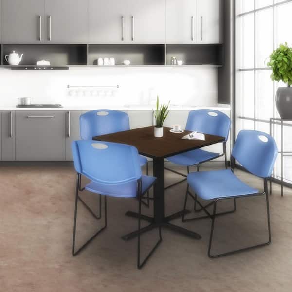 Cain 42 in. Neo Walnut Square Breakroom Table Desk and 4-Zeng Stack Chairs-Blue