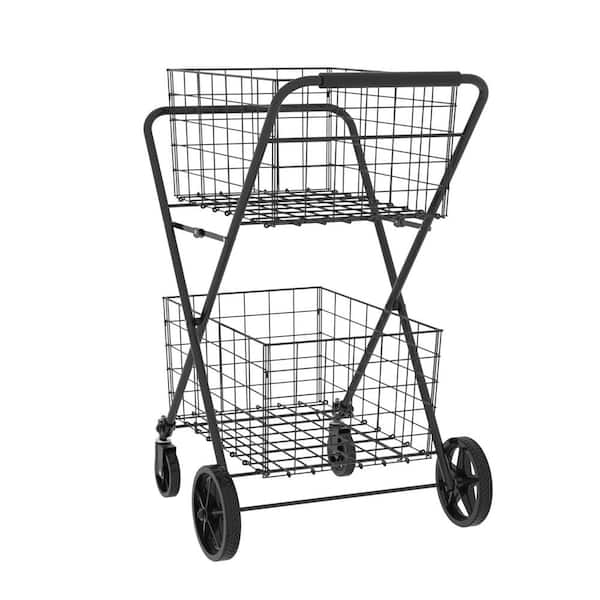 Shopping Cart, 2 Layers Grocery Cart on Wheels, Foldable Utility Shopping Carts with Double Basket, Serving Cart