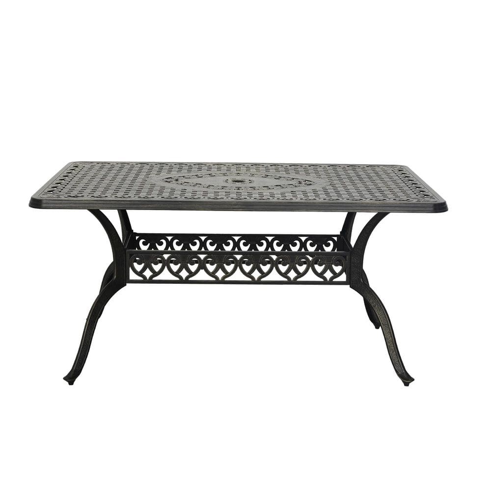 Antique Bronze Rectangular Cast Aluminum Outdoor Dining Table Hollow-carved Woven Tabletop Table with Umbrella Hole