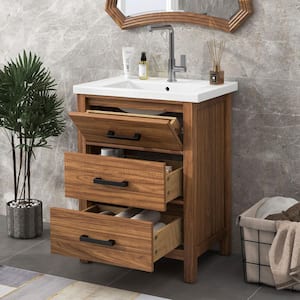 24.4 in. W x 18.3 in. D x 33.8 in. H Freestanding Bath Vanity in Natural Wood with White Ceramic Top Single Sink