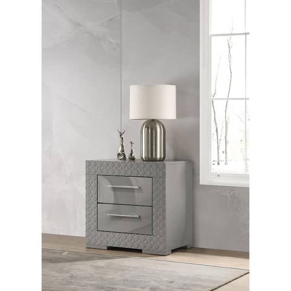 Coaster Ives Grey High Gloss 2-Drawer Nightstand Bedside Table with Felt-lined Top Drawer