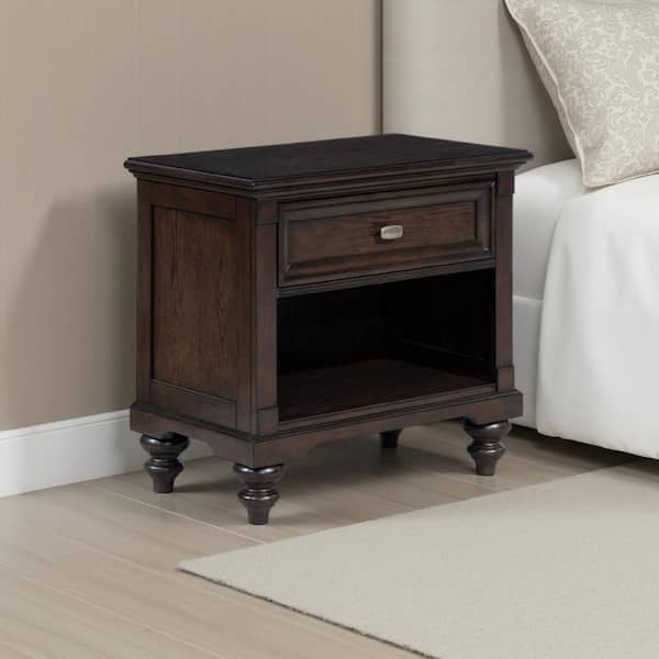 Benjara Meon Dark Oak Brown 1-Drawer 28 in. W Nightstand with Open Cubby Shelf