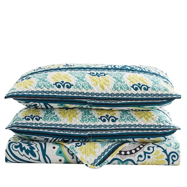 JML 3-Piece King Size Microfiber Blue Bohemia Reversible Quilt Set