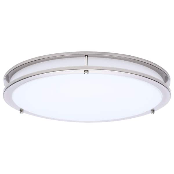 Glamour 17 in. 200-Watt Equivalent 1-Light Brushed Nickel Transitional Selectable LED Flush Mount, White Acrylic Lens
